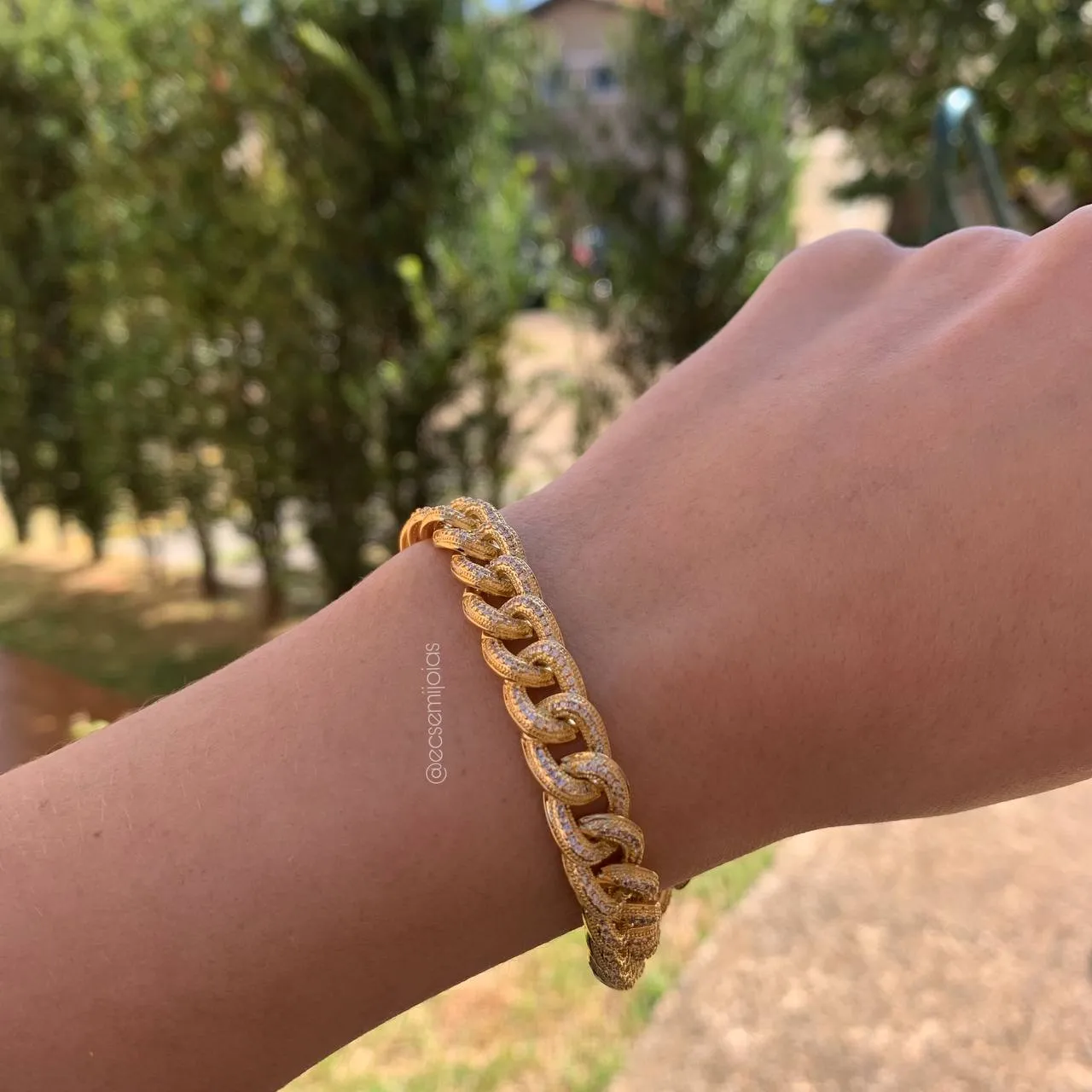 Pulseira grumet toda cravejada fecho gaveta - 17 cm - banhado a ouro 18k