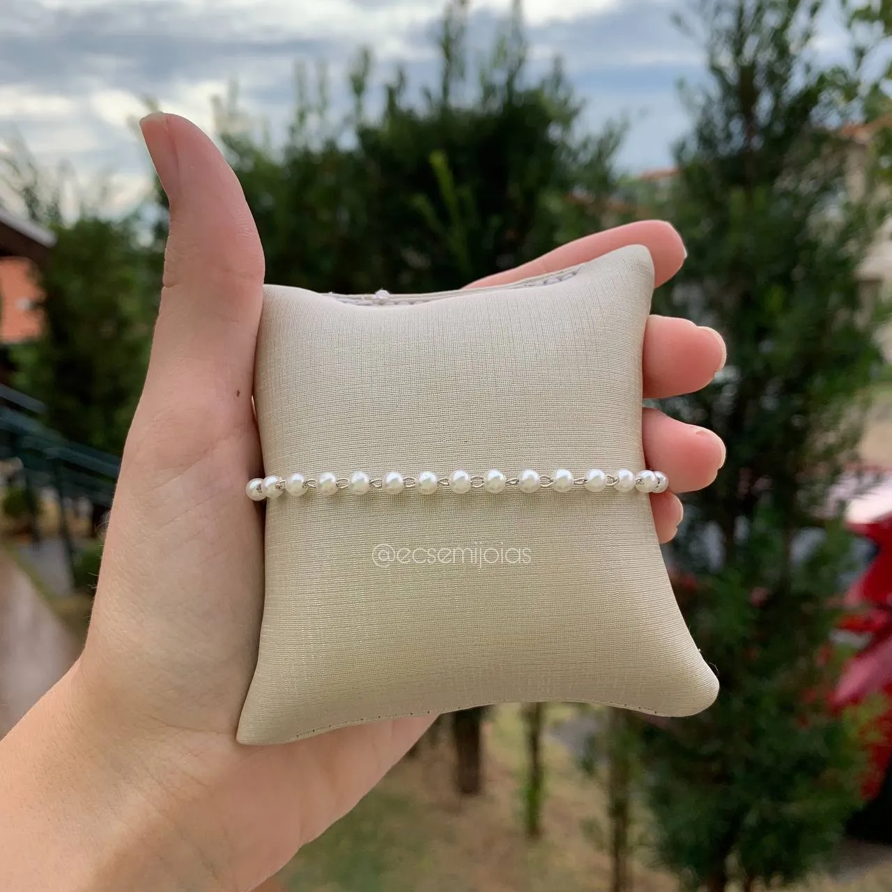 Pulseira infantil perolinhas - banhado a ródio branco - 15 cm