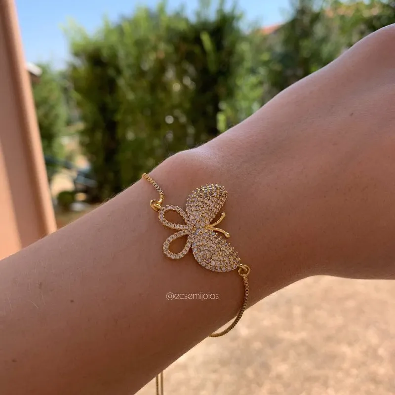 Pulseira shambala borboleta cravejada vazada - banhado a ouro 18k