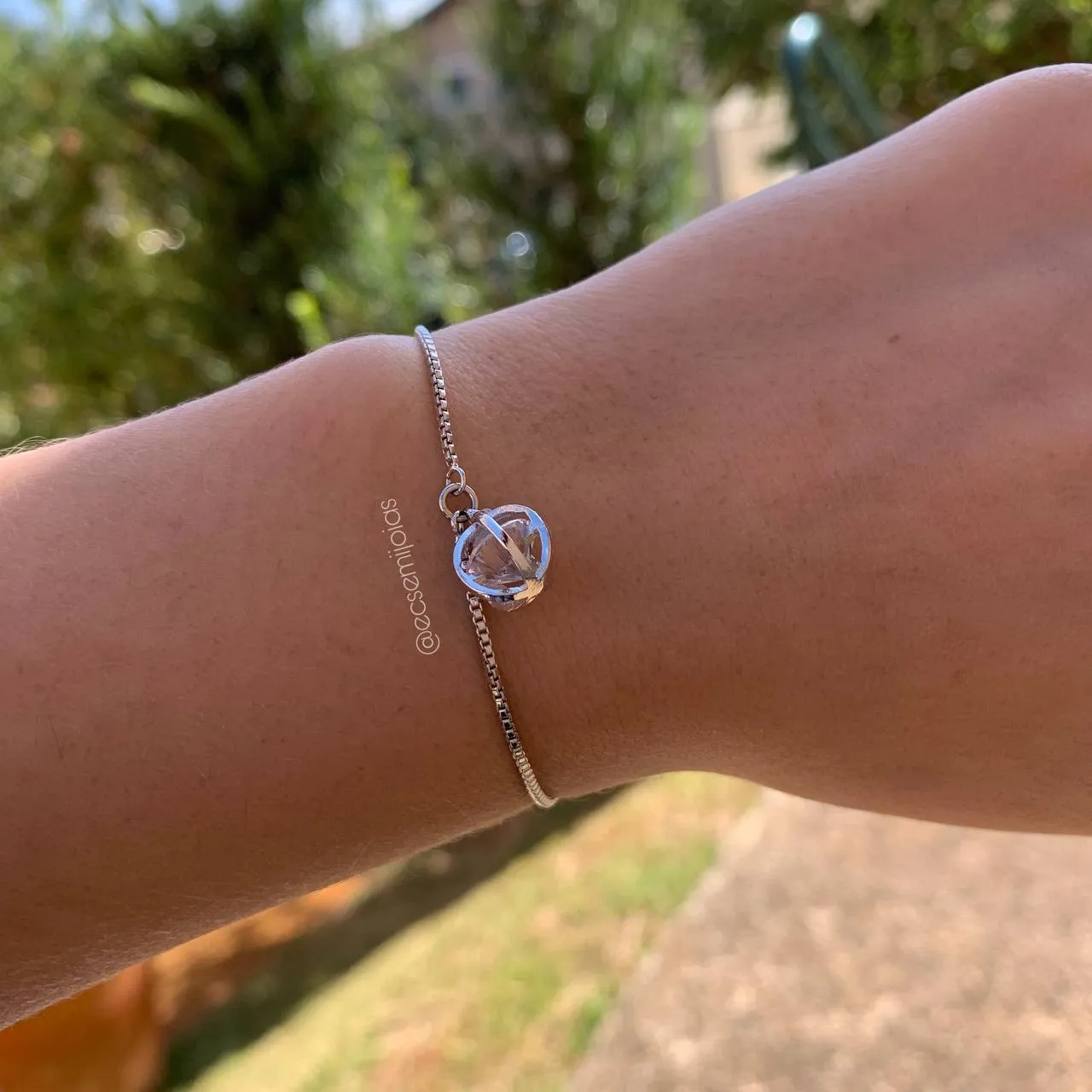 Pulseira shambala com esfera - 20 cm - banhado a ródio branco