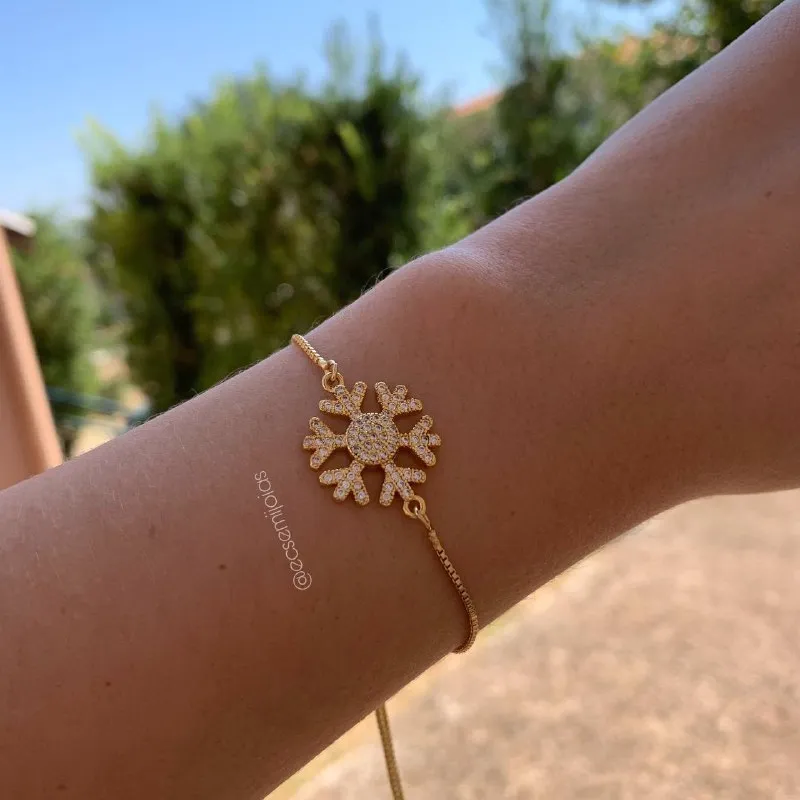 Pulseira shambala floco de neve cravejado grande - banhada a ouro 18k