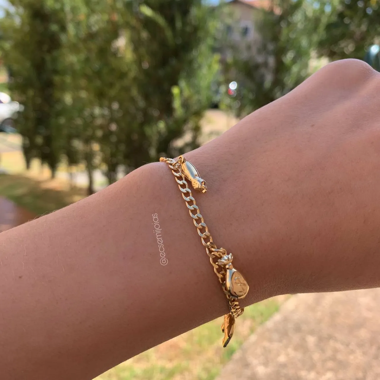 Pulseira trevo pimenta figa saco de dinheiro e elefante pendurados - 18 cm - banhado a ouro 18k