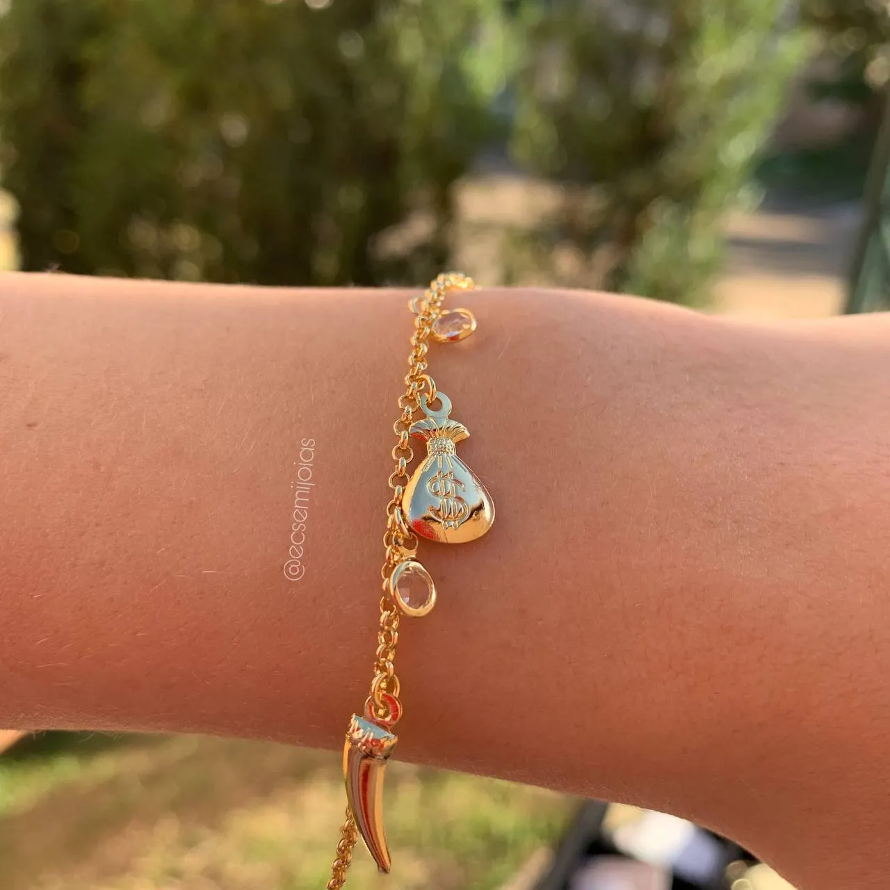 Pulseira dente de sabre saco de dinheiro âncora e pontos de luz - 15 + 5 cm de extensor - banhando a ouro 18k