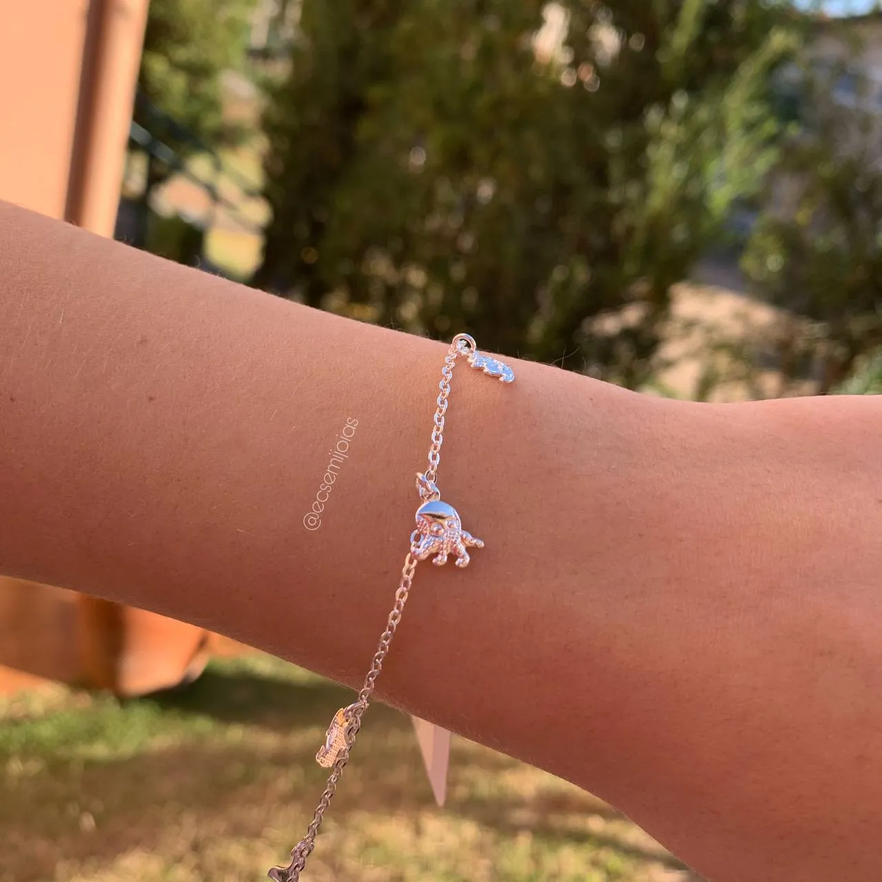Pulseira calda de sereia peixe polvo cavalo marinho âncora - 16 + 5 cm de extensor- banhado a prata 925