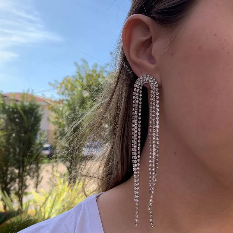 Brinco de franja de strass - banhado a ródio branco