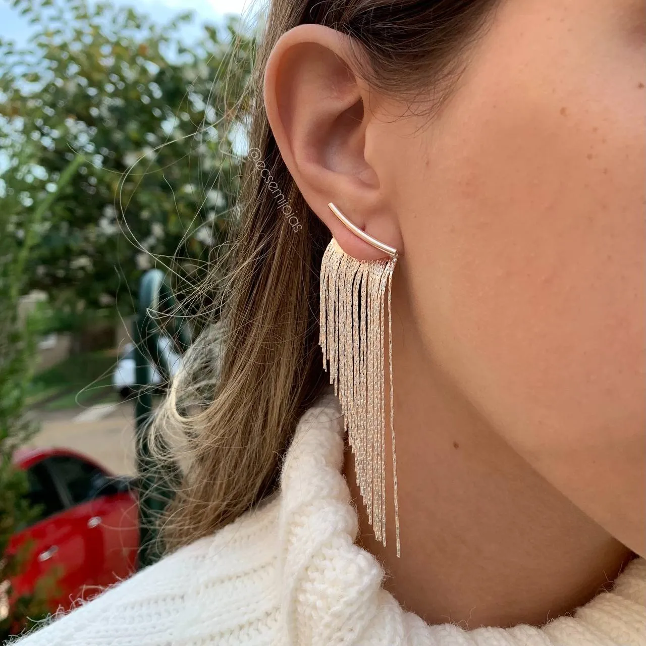 Brinco Ear Jacket de franja - banhado a prata 925