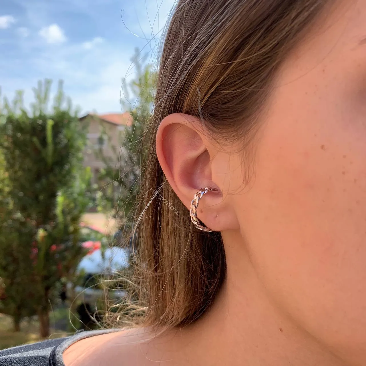 Brinco piercing corrente menor - banhado a ródio branco