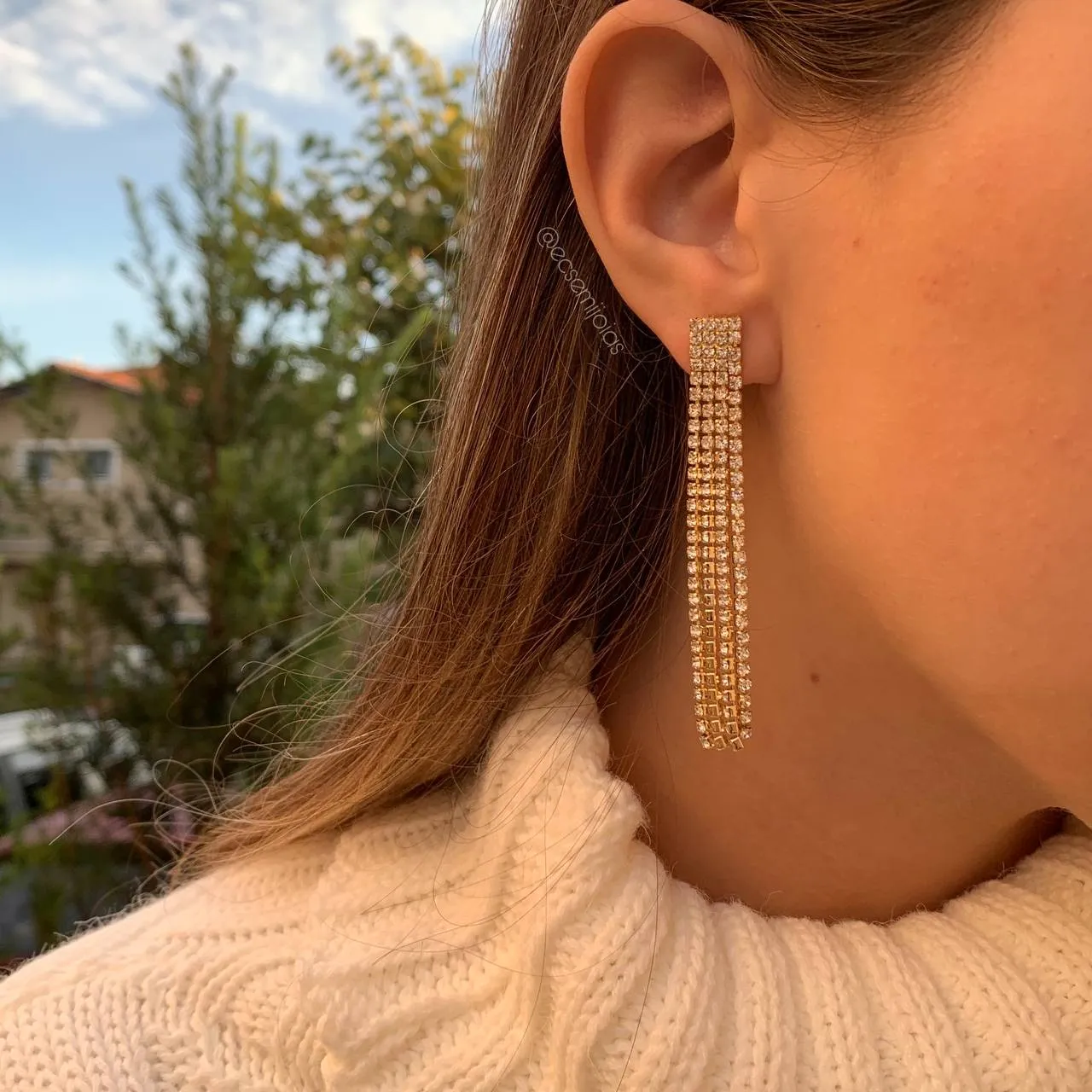 Brinco quadrado com franja de strass - banhado a ouro 18k