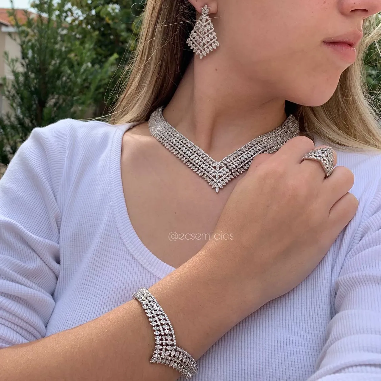 Conjunto brinco colar anel e pulseira maxxi cravejado festa - 45 cm -  banhado a ródio branco