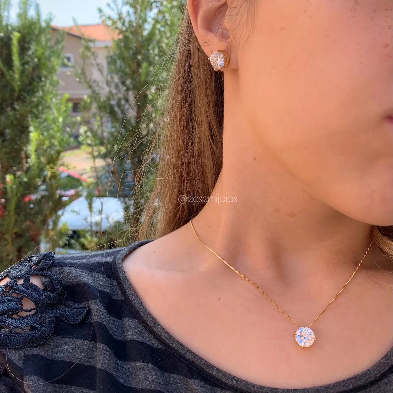 Conjunto brinco e colar ponto de luz redondo - 45 cm - banhado a ouro 18k