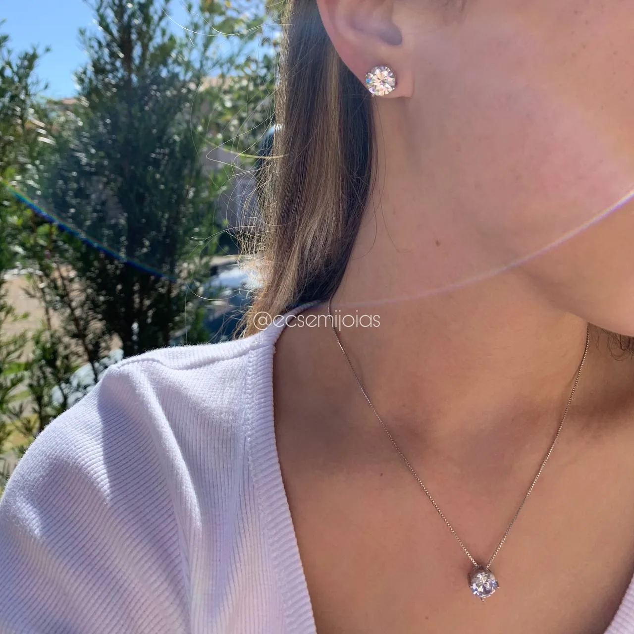 Conjunto brinco e colar ponto de luz redondo - 45 cm - banhado a ródio branco