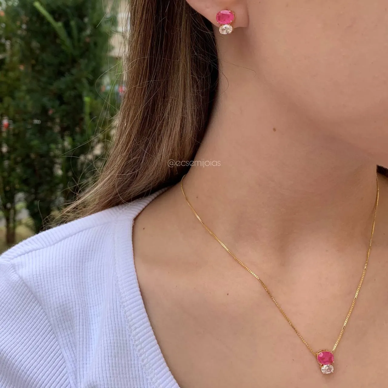 Conjunto de brinco e colar pedra oval 8 x5mm e redonda - 45 cm - banhado a ouro 18k