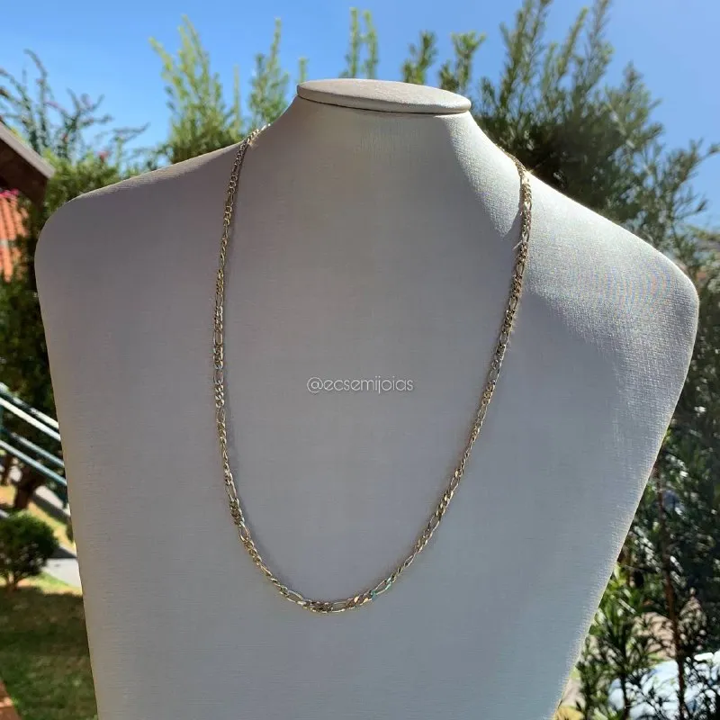 Corrente 3x1 fígaro 4 mm 60 cm fecho gaveta - banhado a ouro 18k