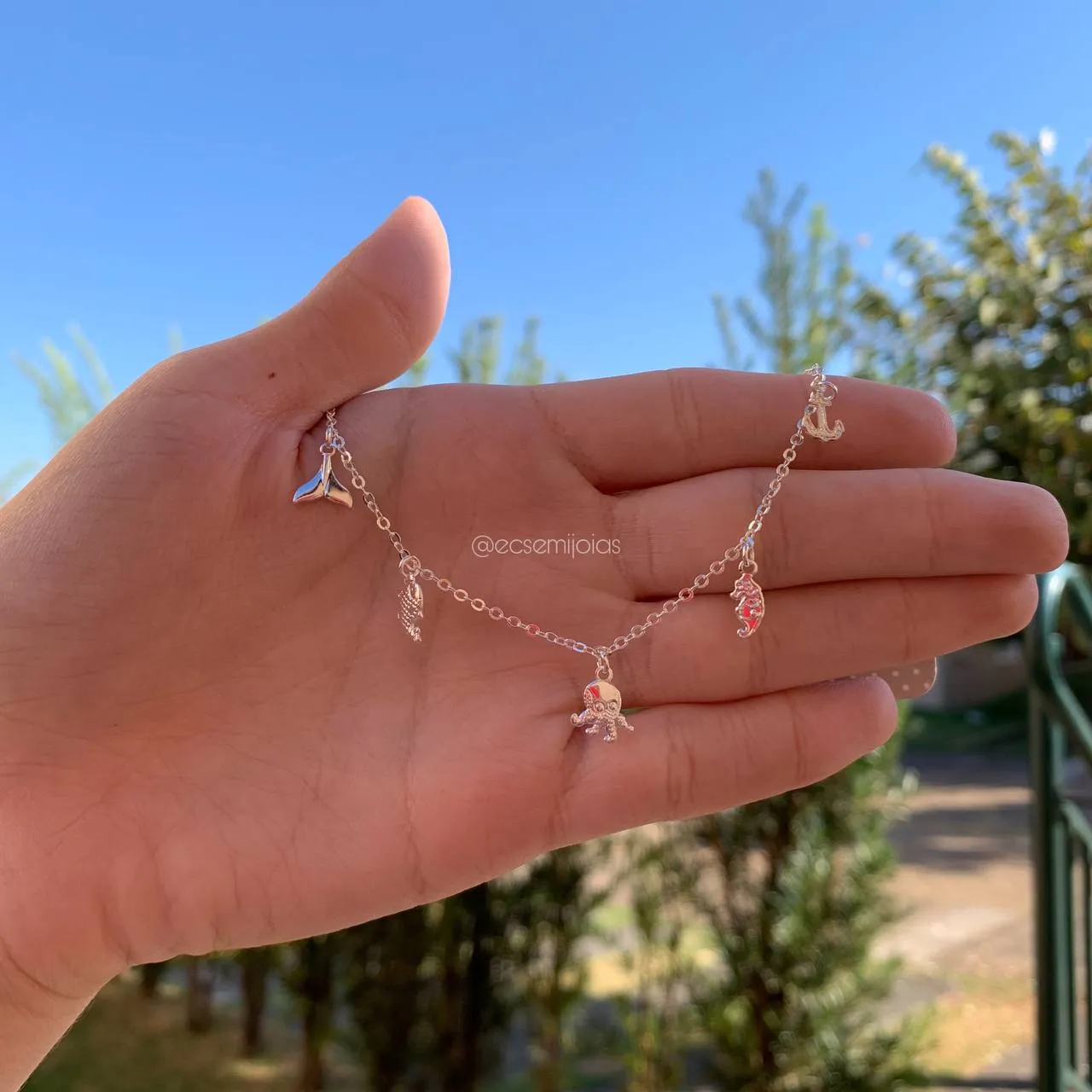 Pulseira calda de sereia peixe polvo cavalo marinho âncora - 16 + 5 cm de extensor- banhado a prata 925