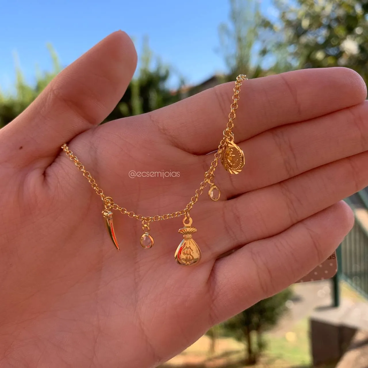 Pulseira dente de sabre saco de dinheiro âncora e pontos de luz - 15 + 5 cm de extensor - banhando a ouro 18k