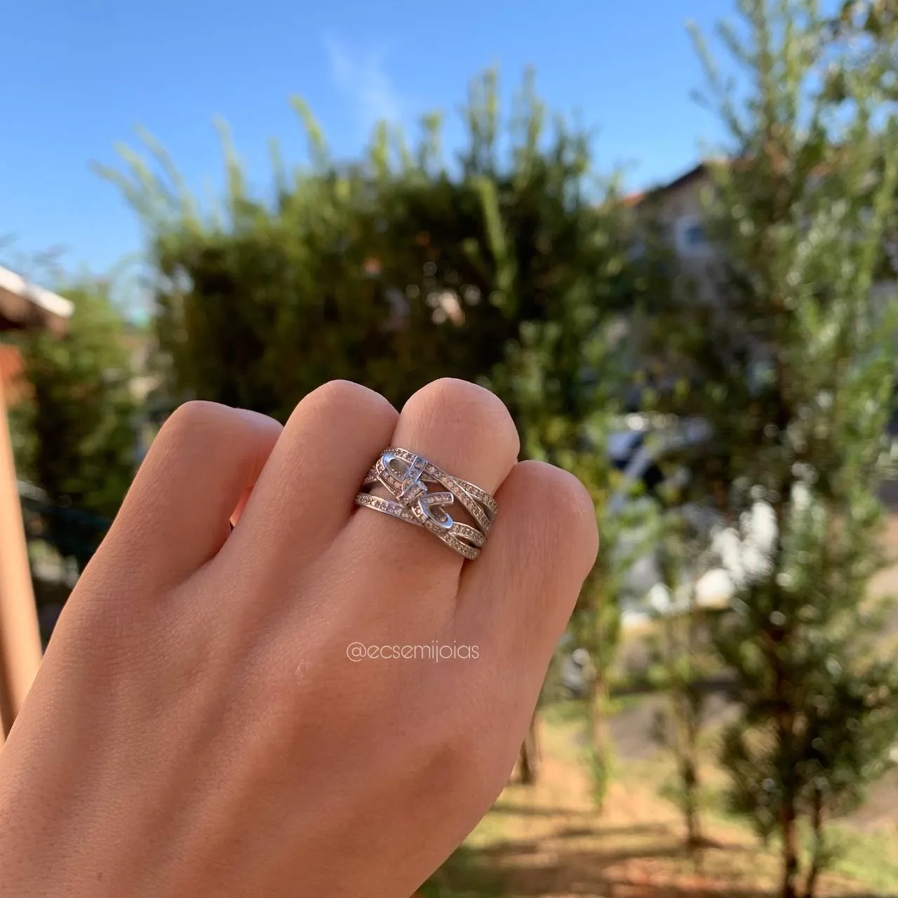 Anel 4 aros cravejados com laço - PRATA 925