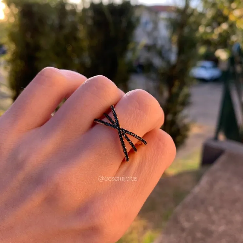 Anel x com 3 aros - banhado a ouro 18k