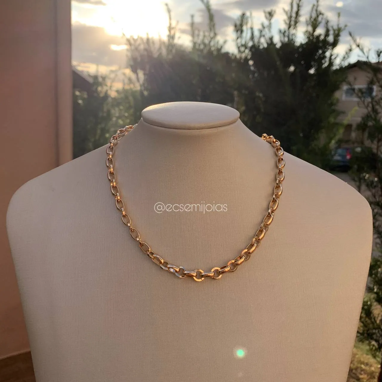 Colar elos redondos e ovais - 50 cm com extensor - banhado a ouro 18k