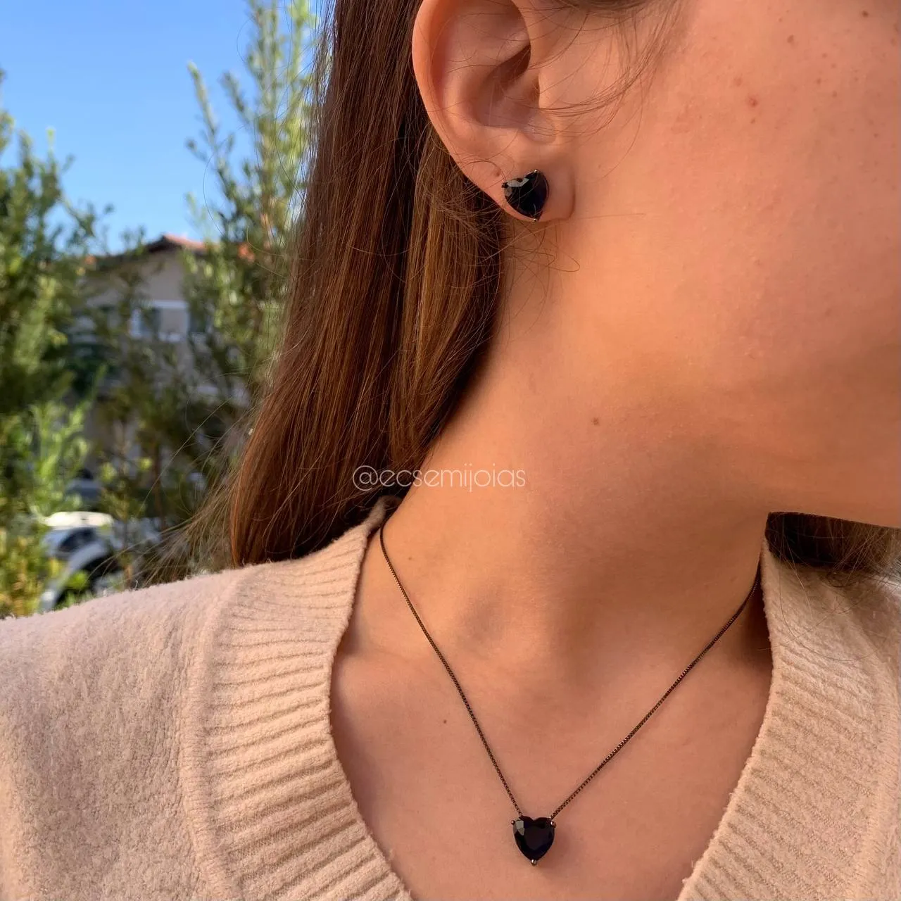Conjunto brinco e colar coração pequeno 3 garras - banhado a ródio negro