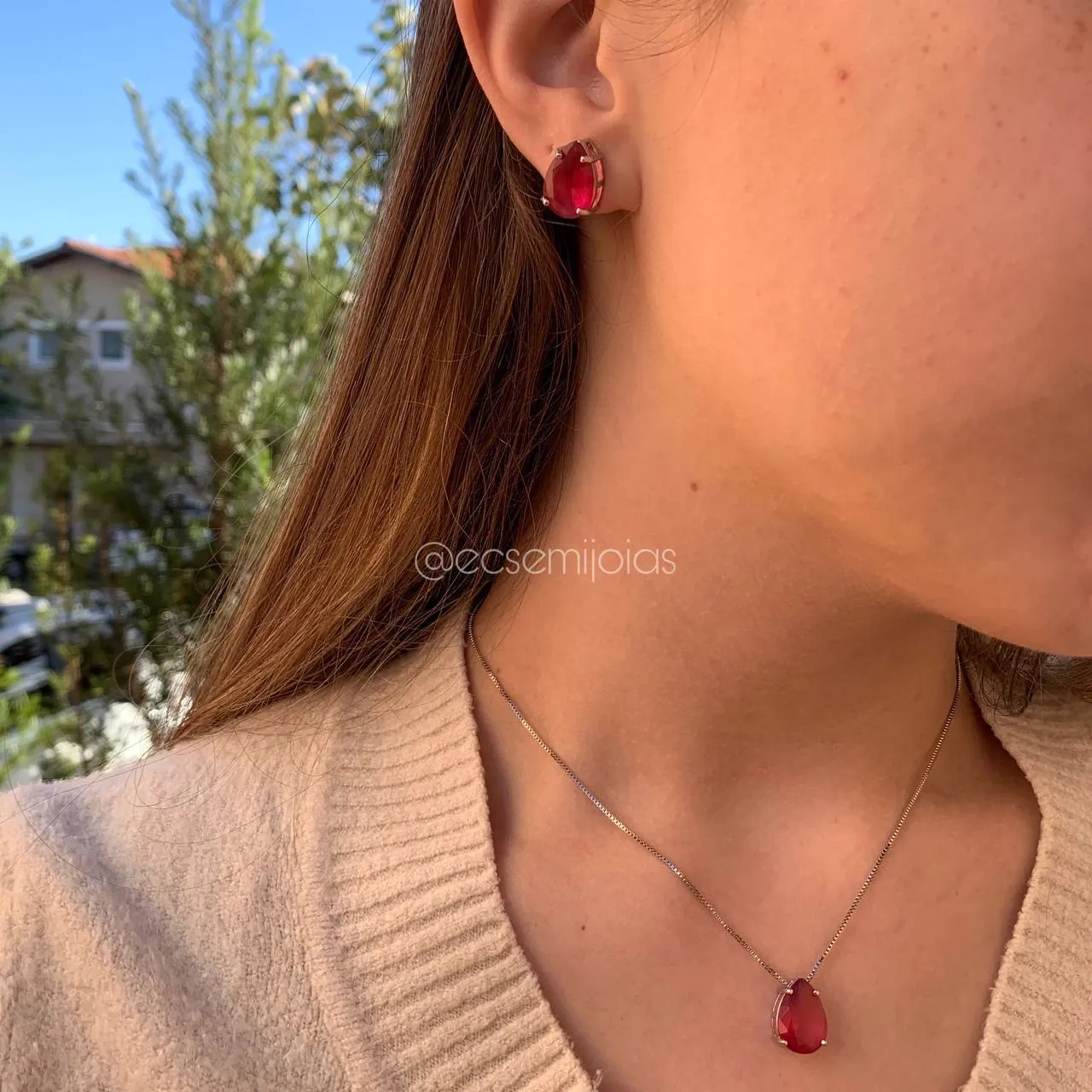 Conjunto brinco e colar gota cristal com 4 garras - 45 cm -  banhado a ródio branco