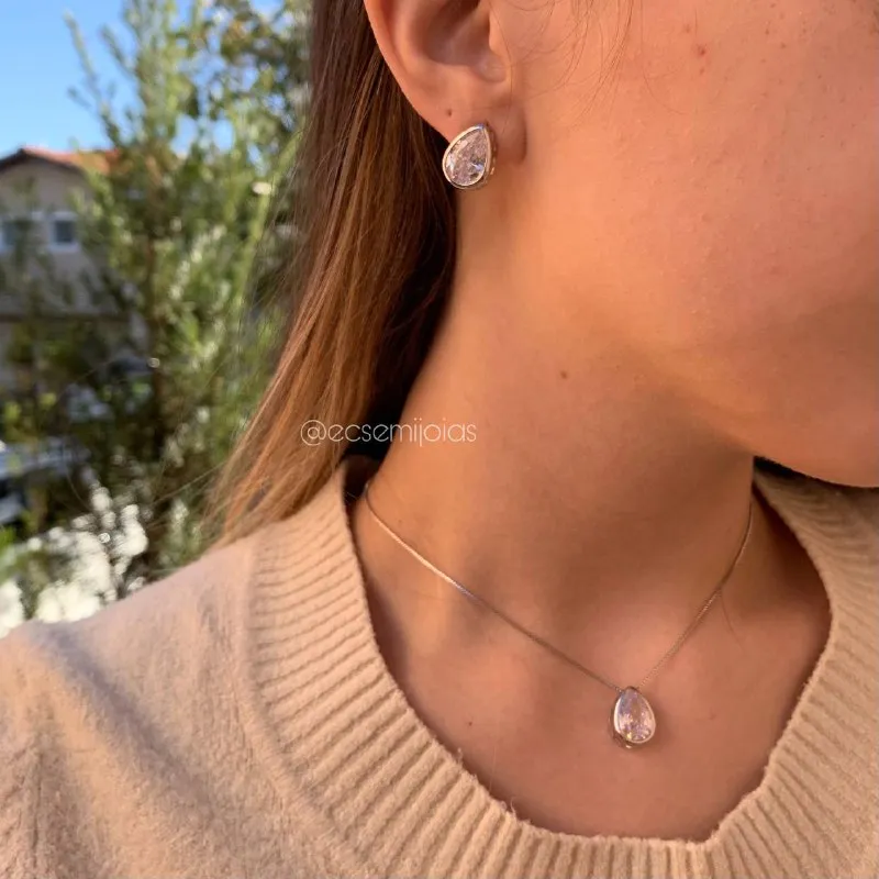 Conjunto brinco e colar ponto de luz gota maior - 45 cm - banhado a ródio branco
