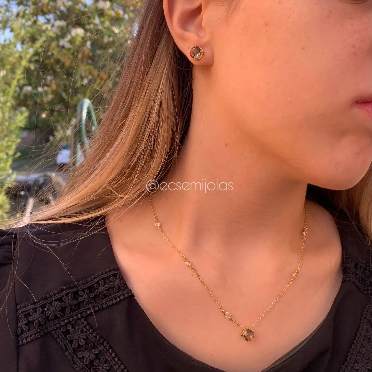 Conjunto brinco e colar ponto de luz redondo c/ corrente Tiffany - 45 cm - banhado a ouro 18k