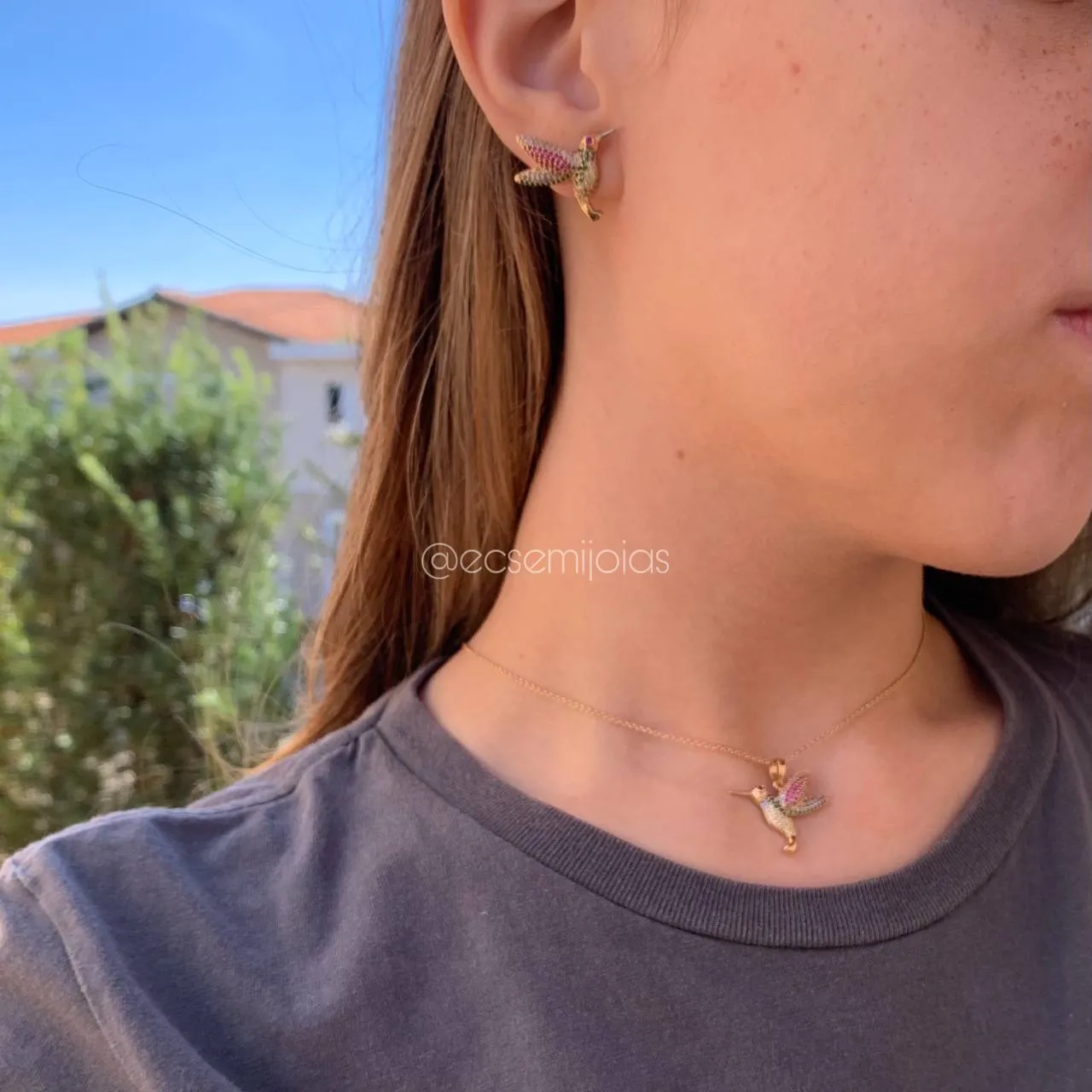 Conjunto de brinco e colar beija flor cravejado - 45 cm - banhado a ouro 18k