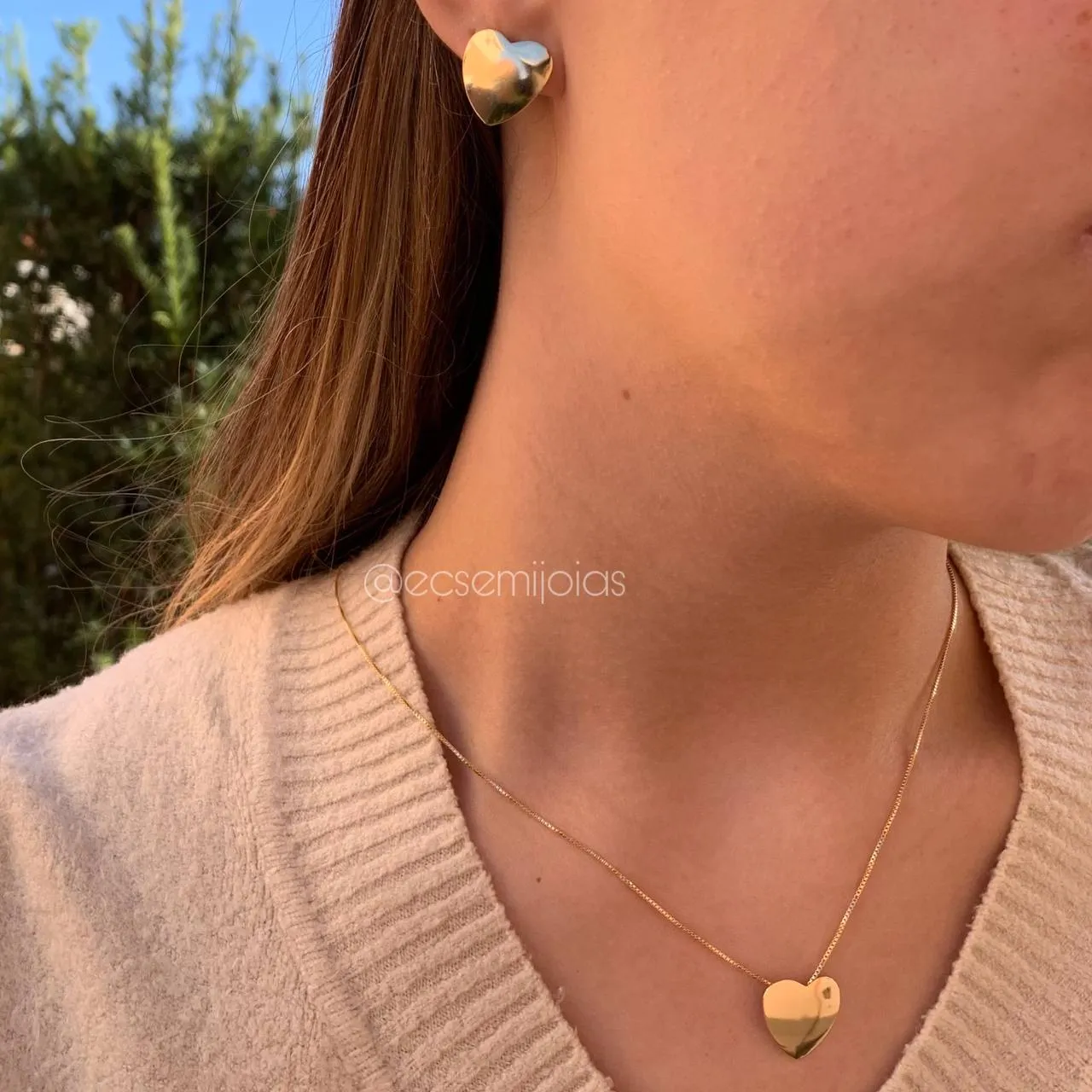 Conjunto de Brinco e Colar coração médio liso - 45 cm + 5 cm - banhado a ouro 18k