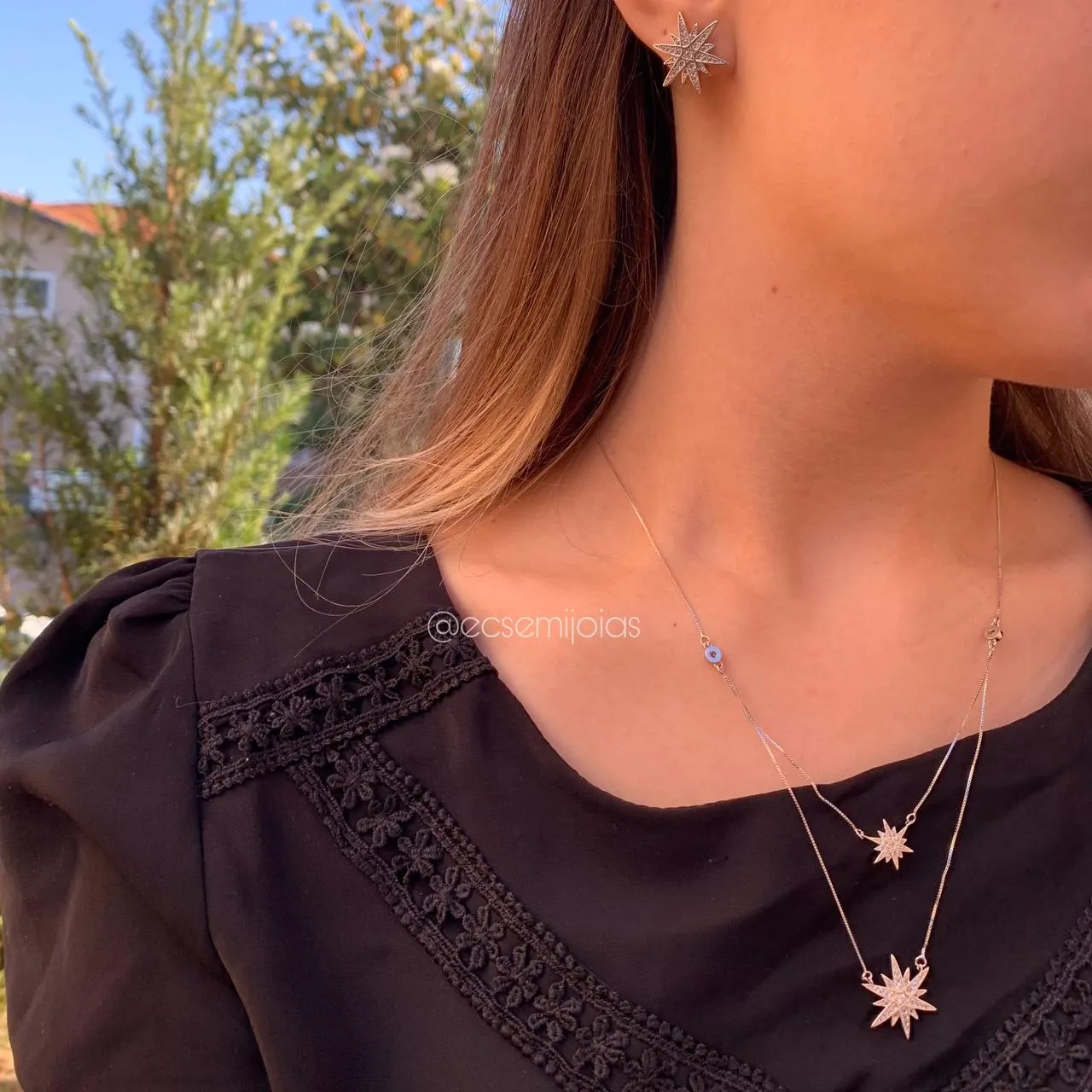 Conjunto de brinco e colar estrela cravejada - banhado a ródio branco