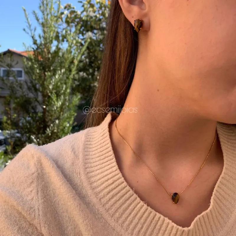 Conjunto de brinco e colar gota - 40 cm + 5 cm de extensor - banhado a ouro 18k