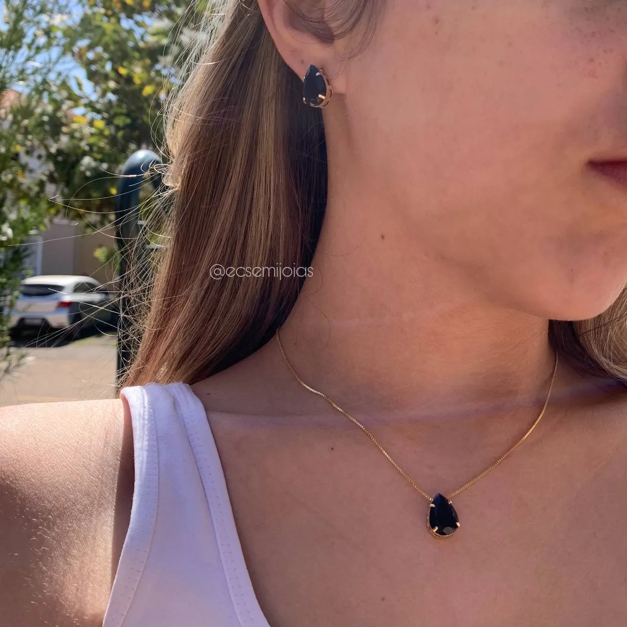 Conjunto de brinco e colar gota de cristal com galeria e 4 garras - 45 cm - banhado a ouro 18k