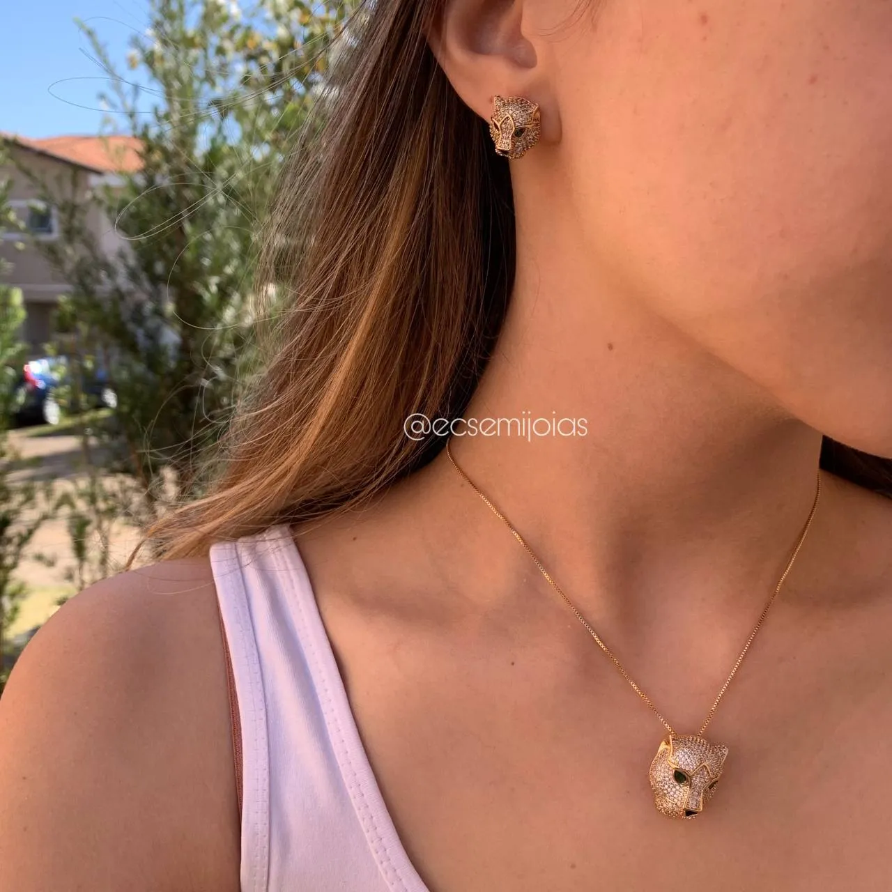 Conjunto de brinco e colar onça - banhado a ouro 18k - 40 + 5 cm de extensor