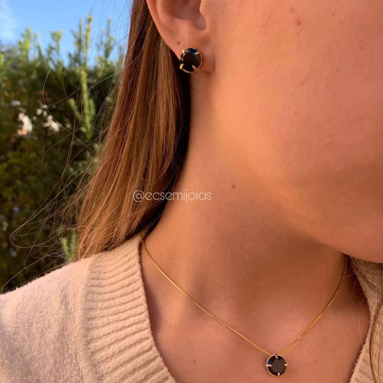 Conjunto de brinco e colar pedra Redonda 10 mm - 45 cm - banhado a ouro 18k