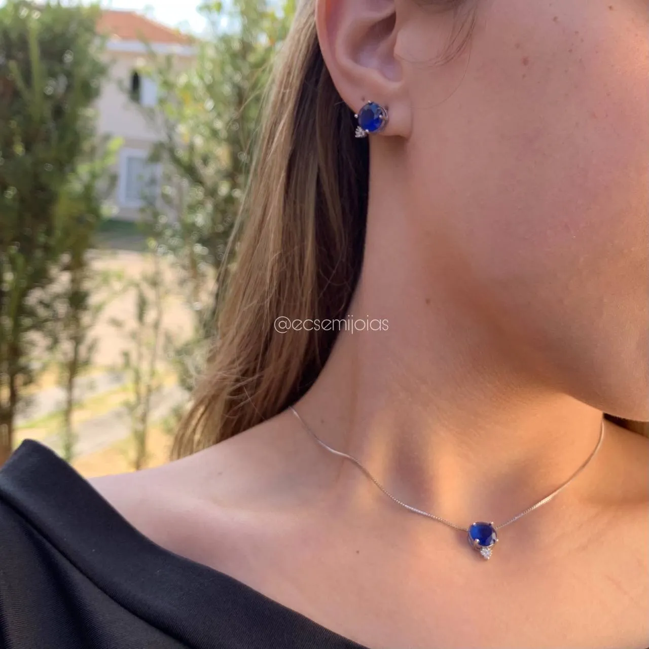 Conjunto de brinco e colar pedra Redonda 9 mm com 3 zirconias - banhado a ródio branco