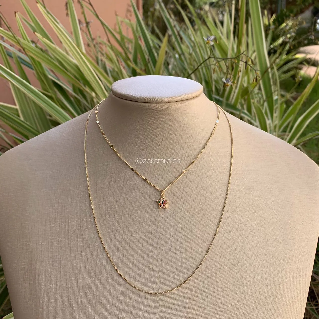 Colar 2 andares com estrela pendurada cravejada colorida - coleção lunar - banhado a ouro 18k