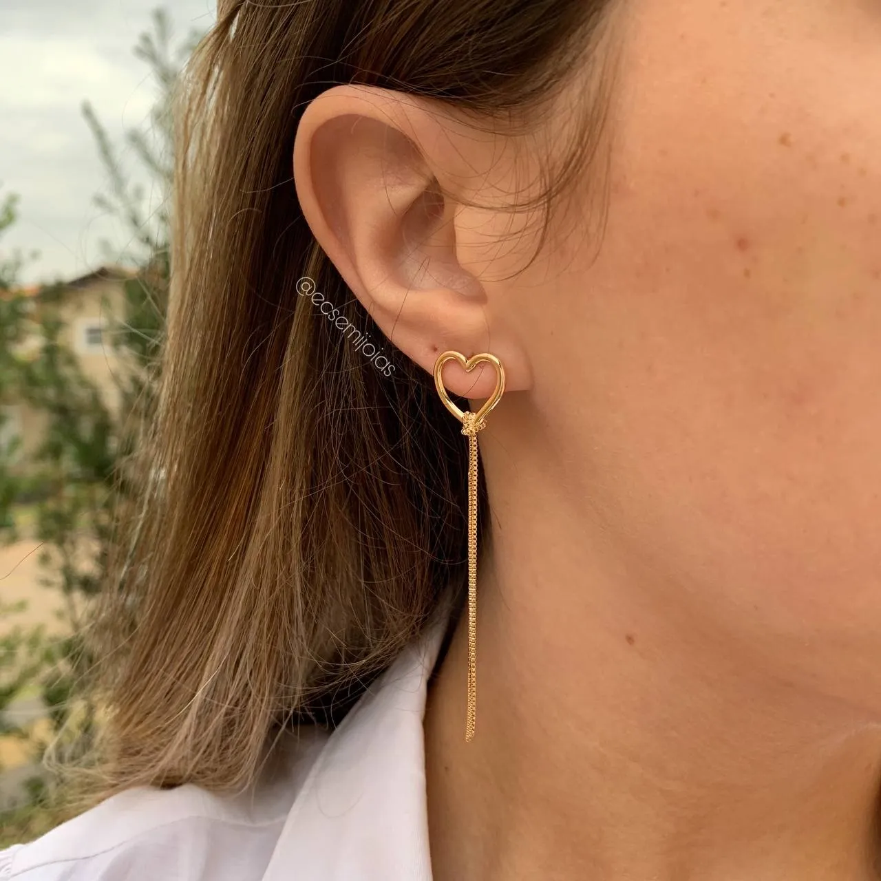 Brinco de coração com franja - banhado a ouro 18k