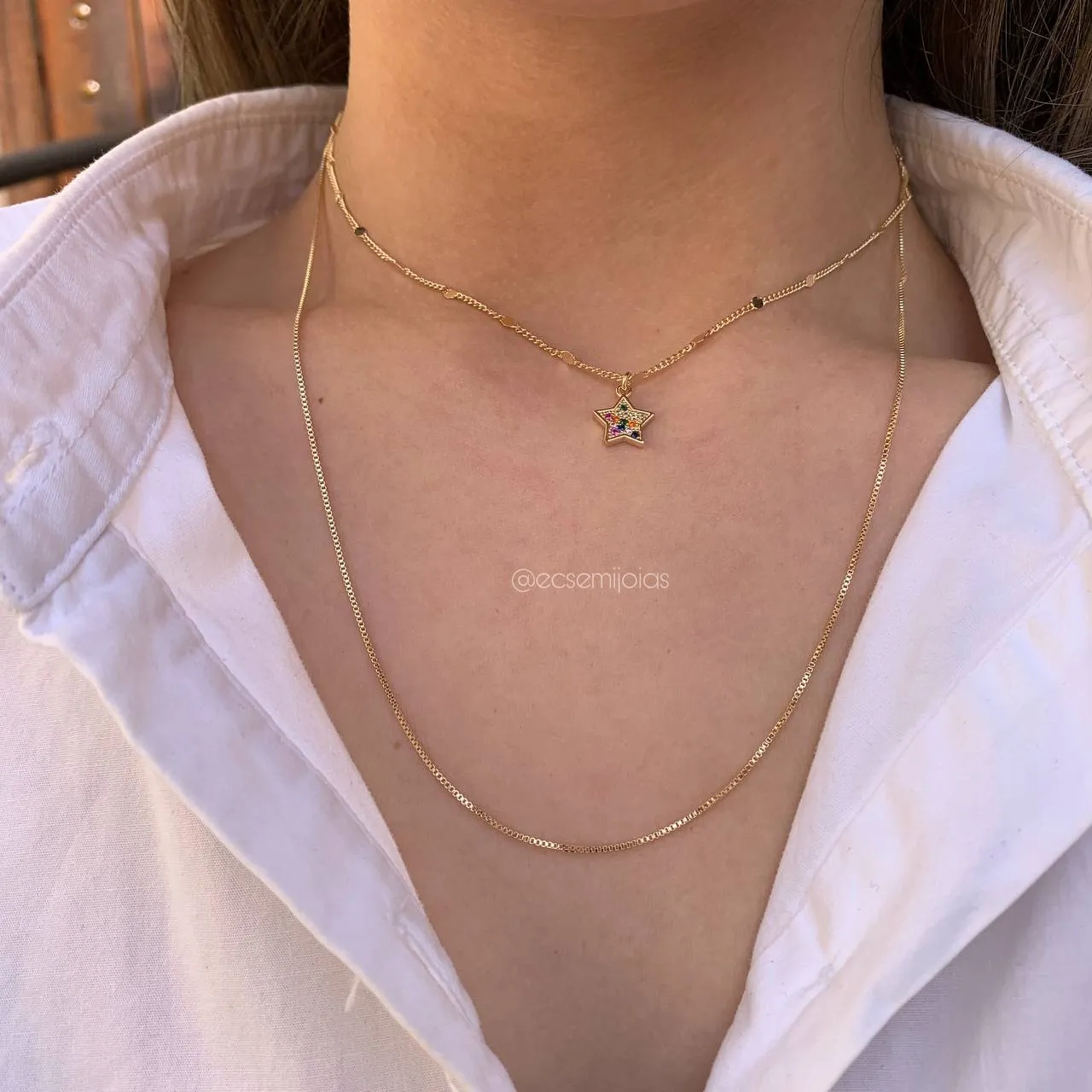 Colar 2 andares com estrela pendurada cravejada colorida - coleção lunar - banhado a ouro 18k