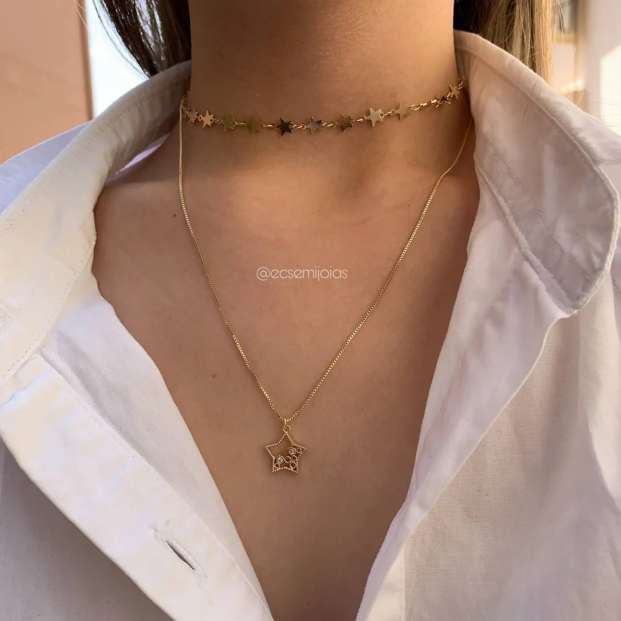 Colar 2 andares com estrelas  - coleção lunar - banhado a ouro 18k