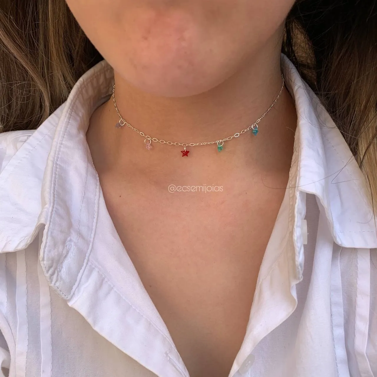 Colar choker de 5 estrelas - coleção lunar - 33 cm + 8 cm de extensor - banhado a prata 925