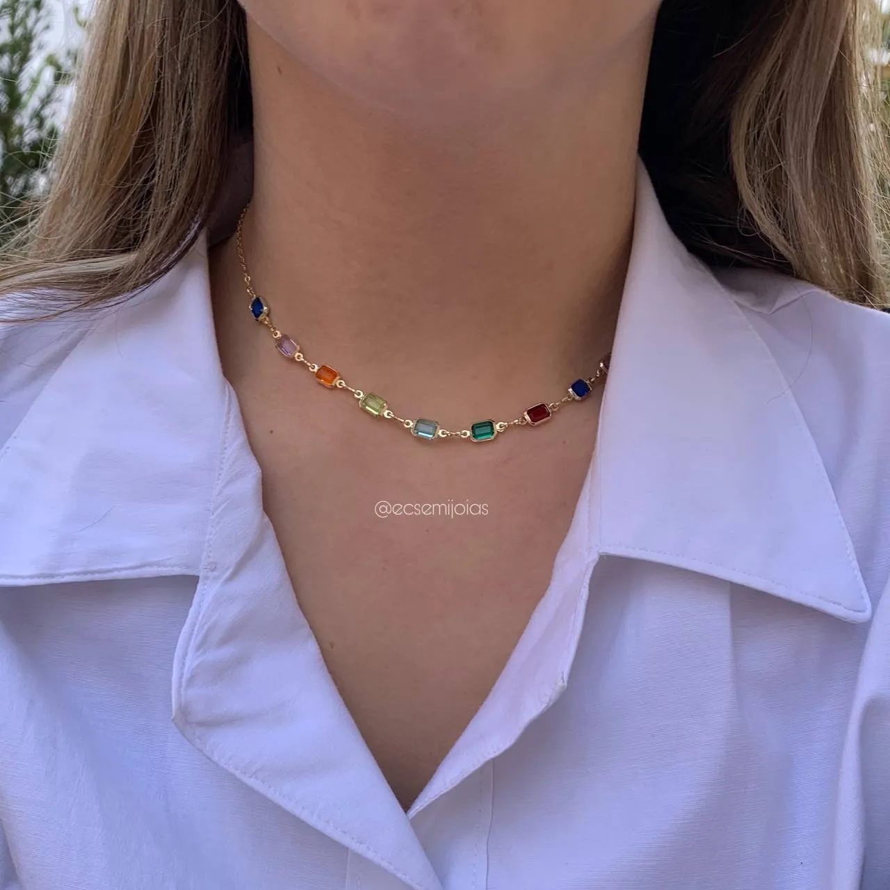 Colar com pedrinhas retangulares - banhado a ouro 18k - 38 cm + 7 cm de extensor