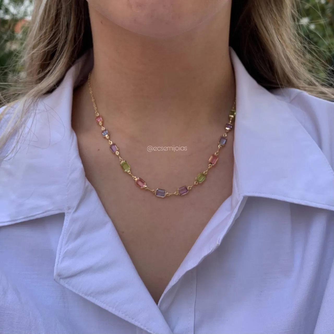 Colar com pedrinhas retangulares - banhado a ouro 18k - 44 cm