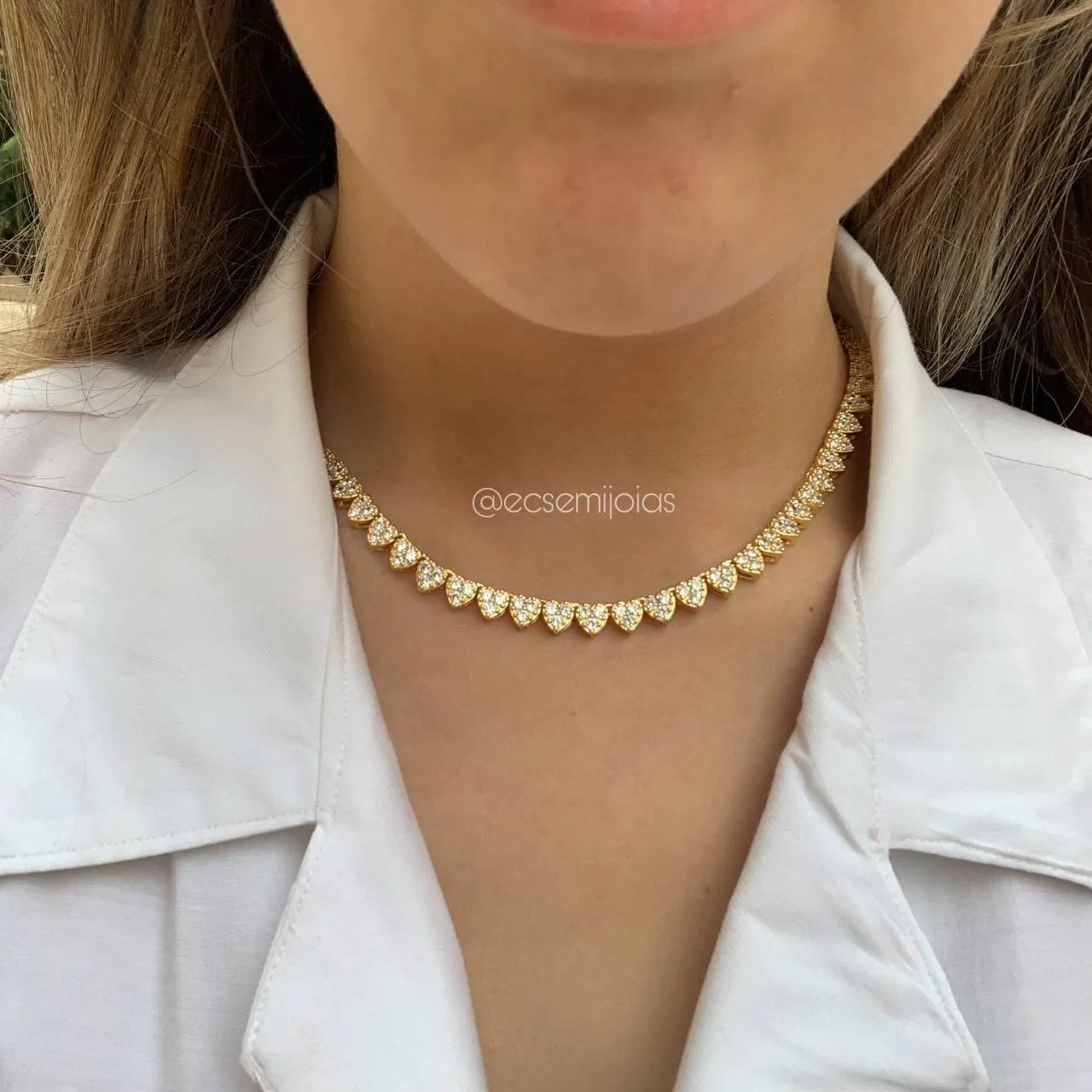 Colar riviera de coração cravejado -  40 cm -banhado a ouro 18k