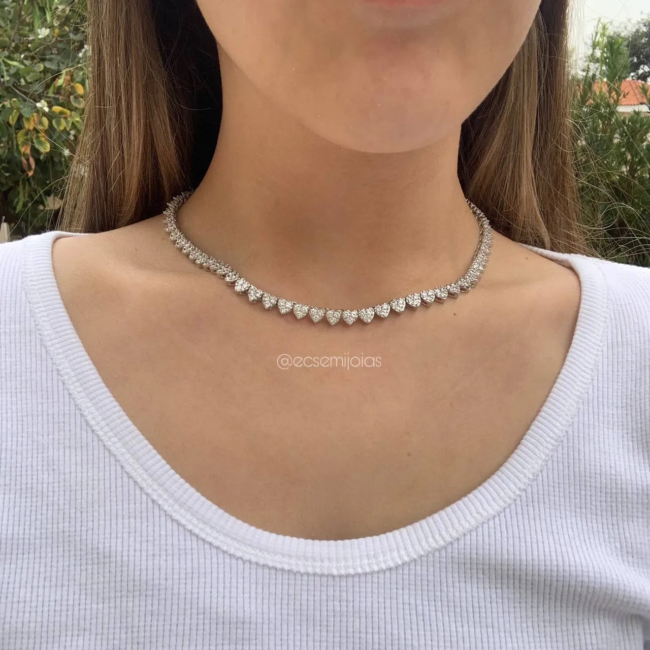 Colar riviera de coração cravejado - 40 cm - banhado a ródio branco