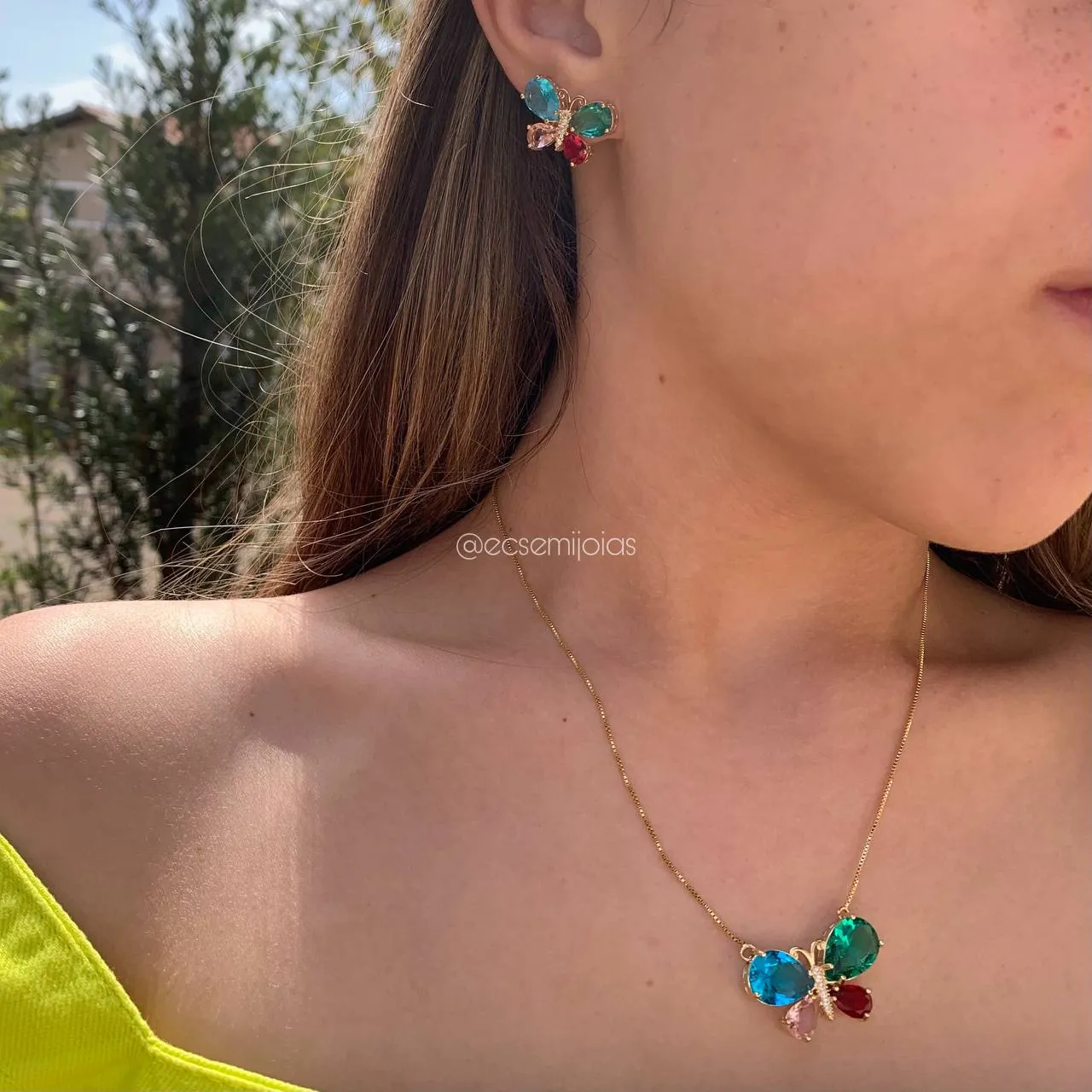 Conjunto de brinco e colar de borboleta com pedra - 45 cm - banhado a ouro 18k