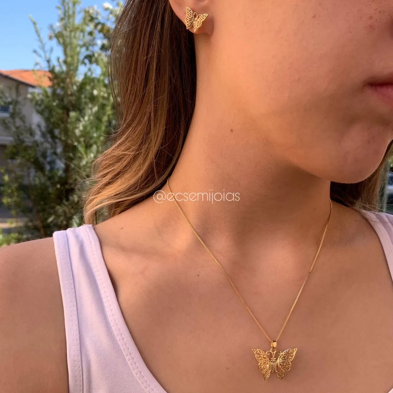 Conjunto de brinco e colar de borboleta lisa - 45 cm - banhado a ouro 18k