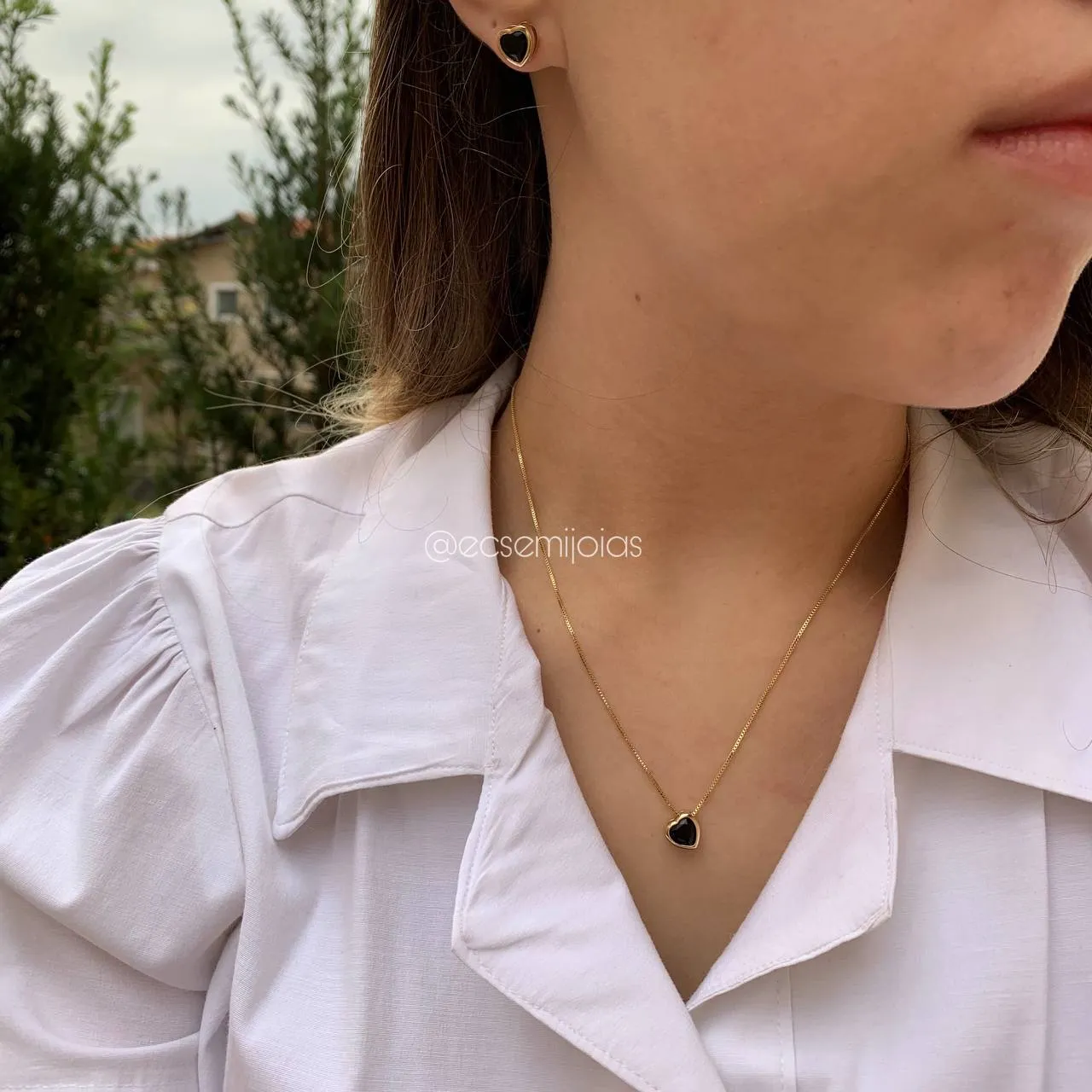 Conjunto de brinco e colar de coração 5x5 mm - 45 cm - coleção lunar -  banhado a ouro 18k