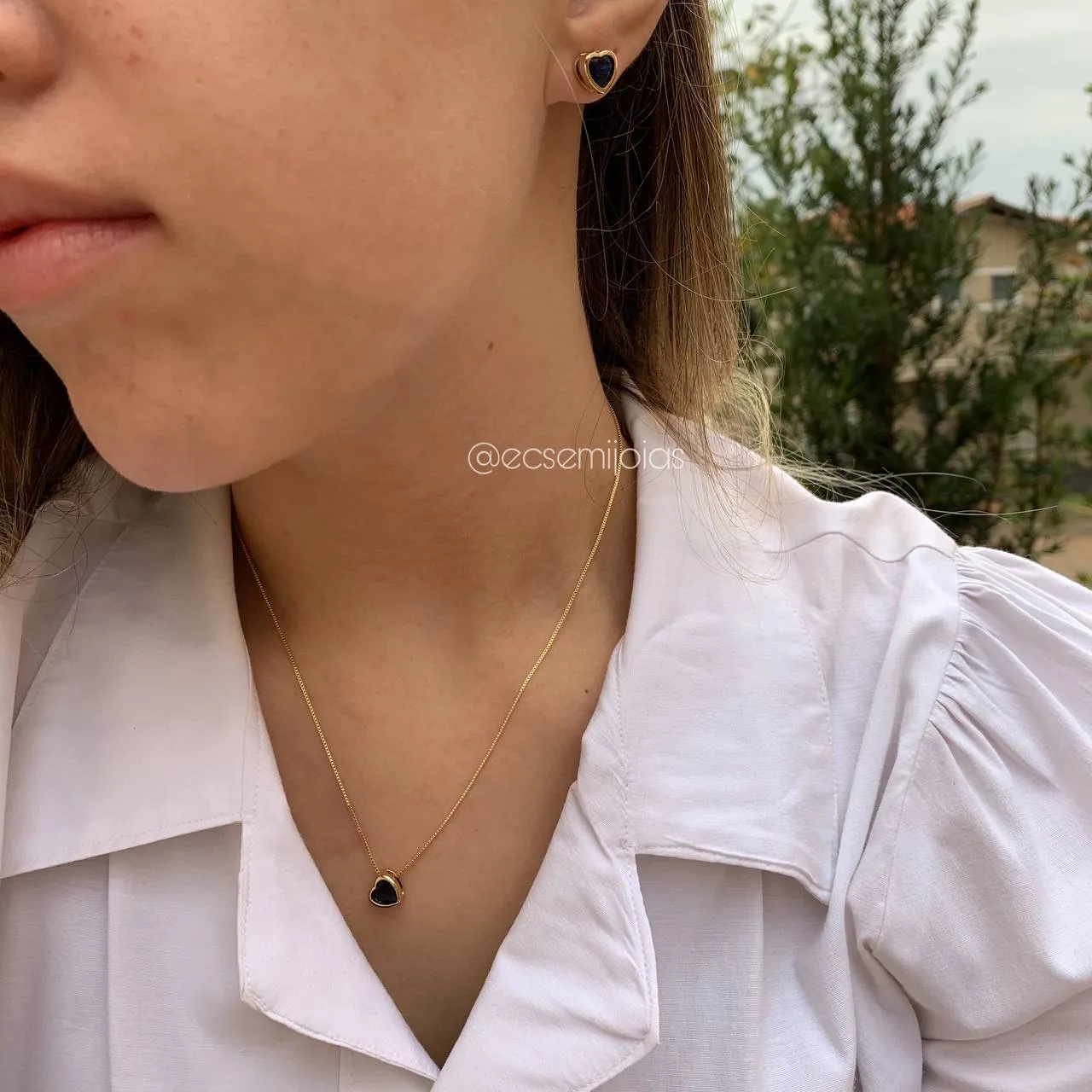Conjunto de brinco e colar de coração 5x5 mm - 45 cm - coleção lunar -  banhado a ouro 18k