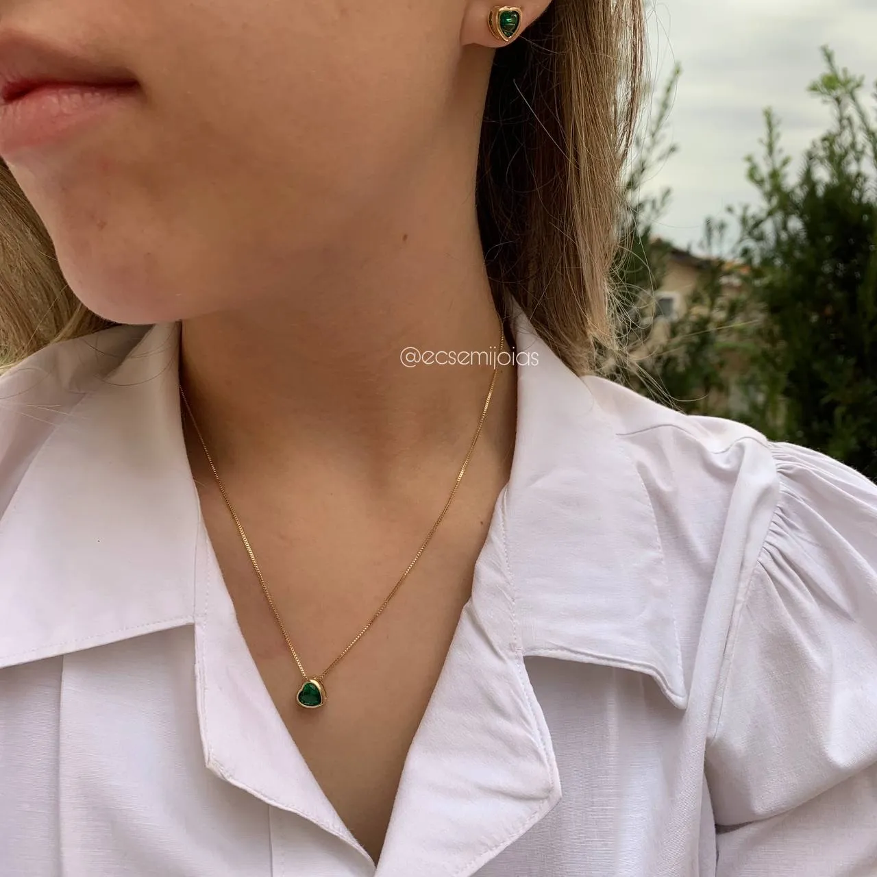 Conjunto de brinco e colar de coração 5x5 mm - 45 cm - coleção lunar -  banhado a  ouro 18k