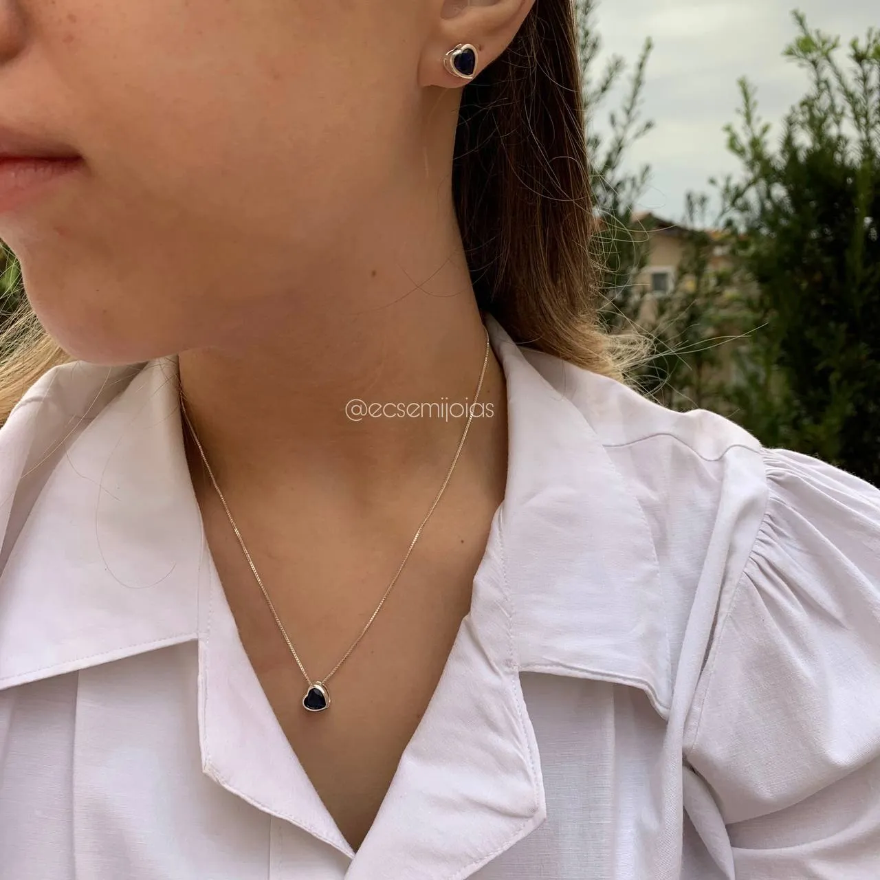 Conjunto de brinco e colar de coração 5x5 mm - 45 cm - coleção lunar -  banhado a prata 925
