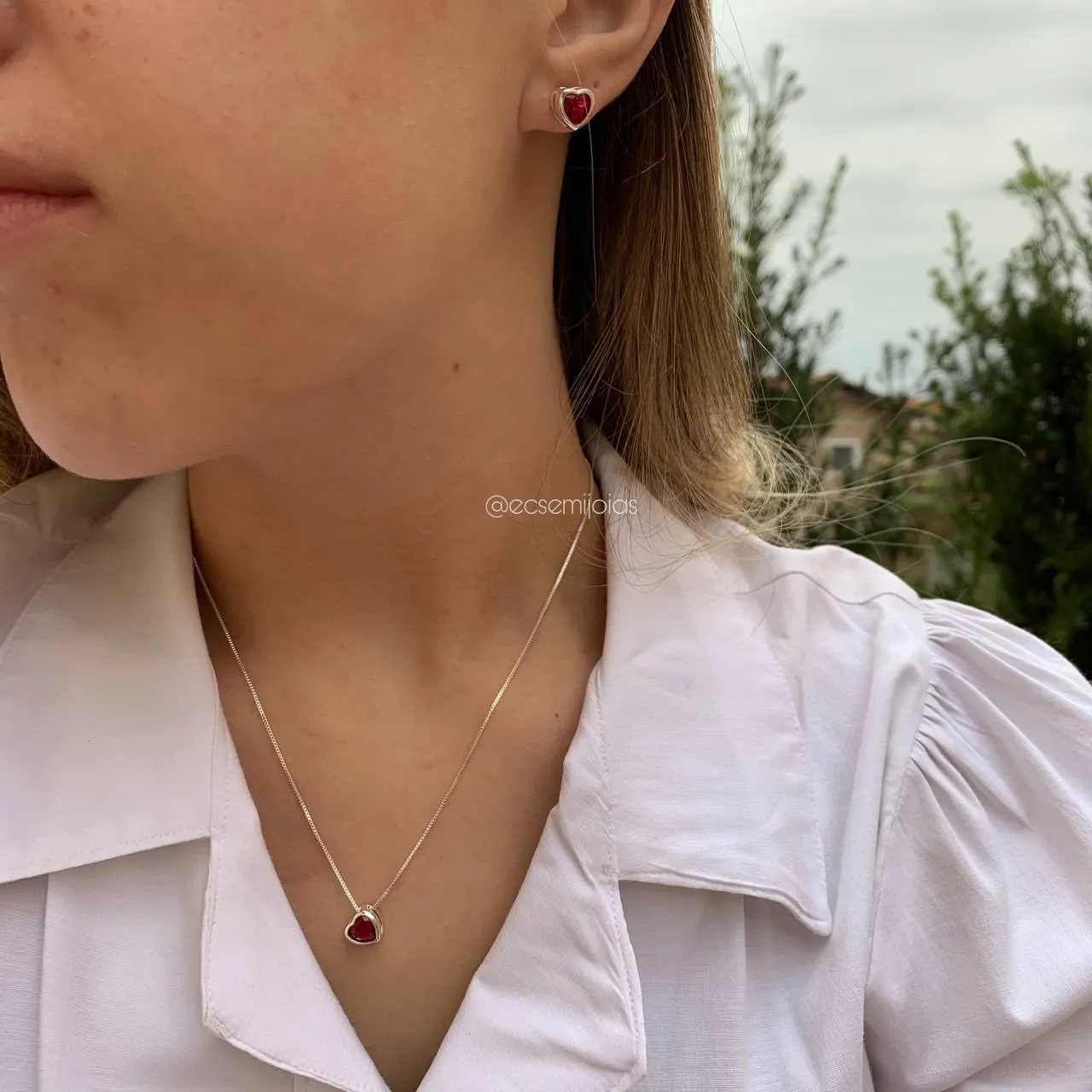 Conjunto de brinco e colar de coração 5x5 mm - 45 cm - coleção lunar -  banhado a  prata 925